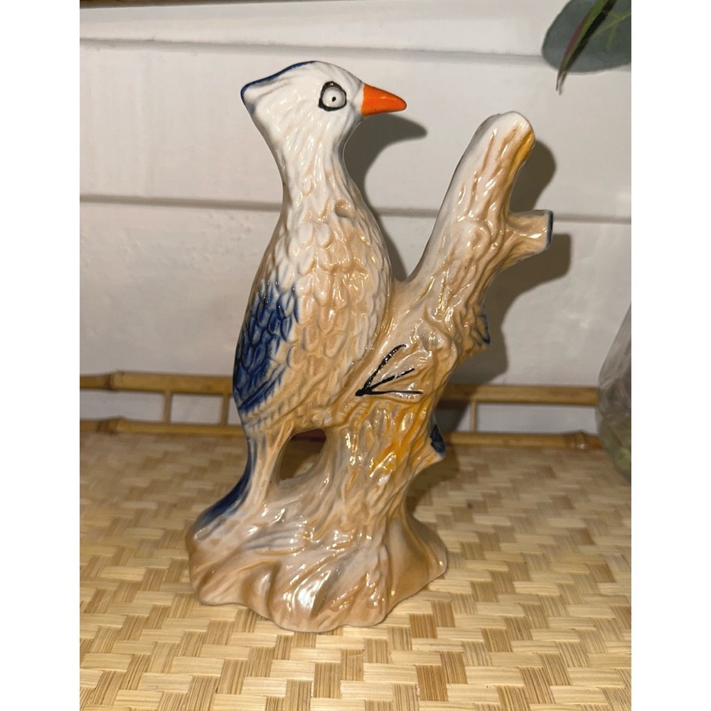 VTG MCM Ceramic Bird On Tree Branch Luster Glaze Made In Brazil 6.5” Tall